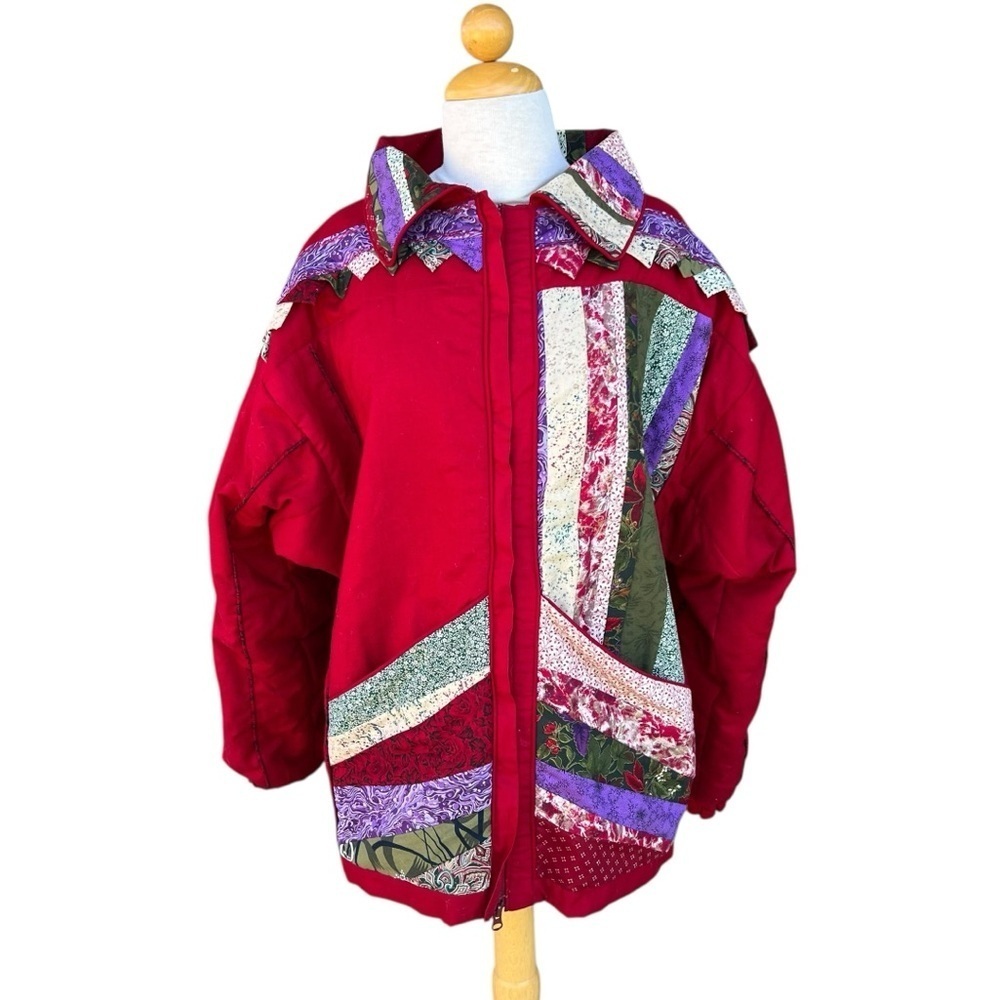 VTG Patchwork Granny Jacket Handmade Red Shabby Cottagecore Pockets OOAK L/XL